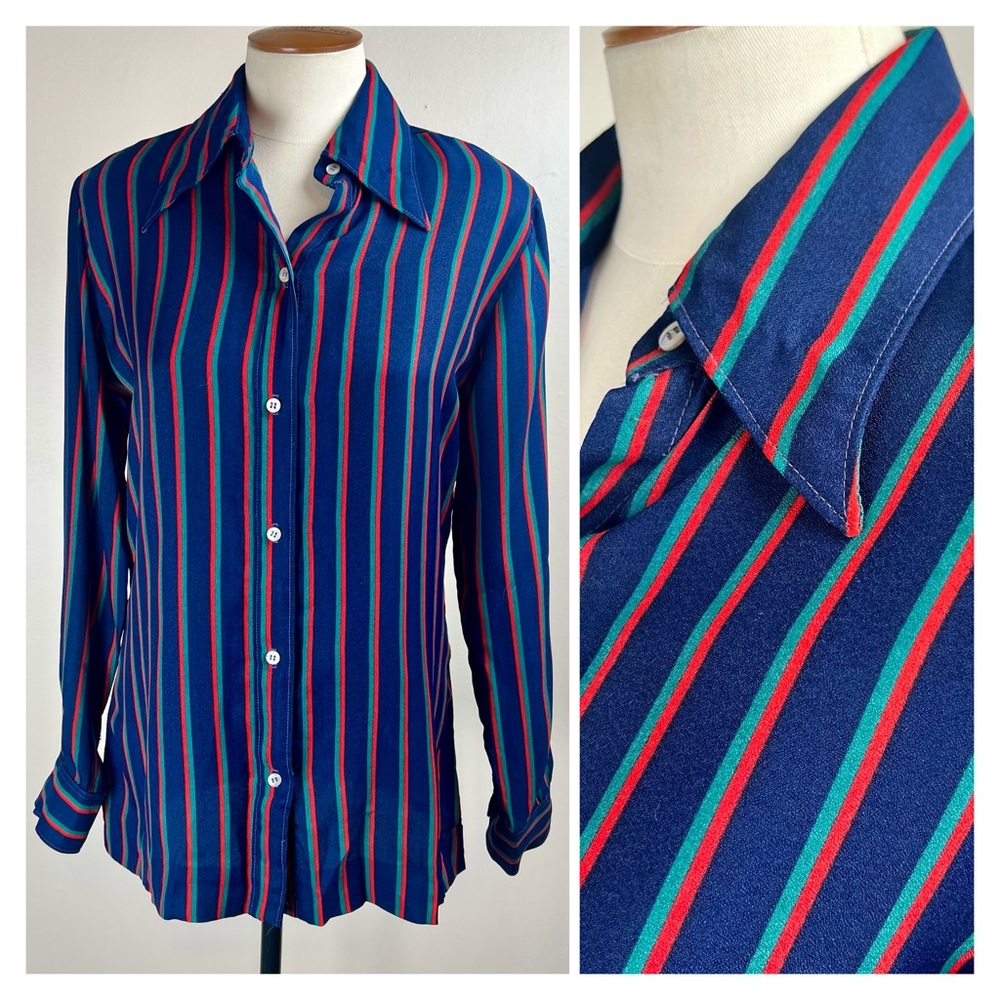 Vintage 70s Evan-Picone Striped Blouse with Dagger Collar Small